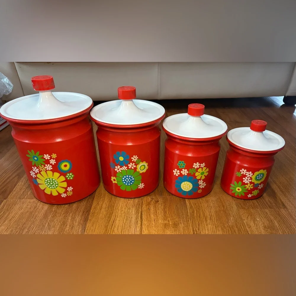 Vintage Kromex Orange Aluminum Canister Set 4 Pc Retro Mod Flower Power MCM